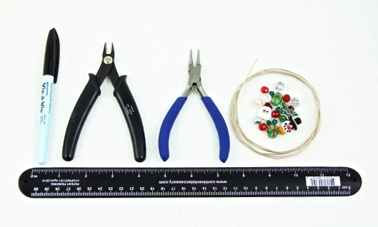 Tools and materials to create beaded ornament holders.